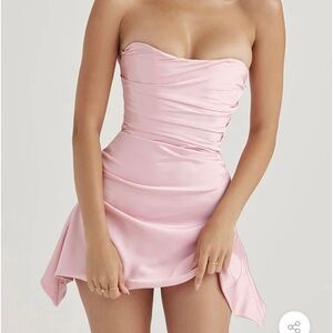 ROSEDRESS silky satin pleated
trim corset strapless
party mini dress